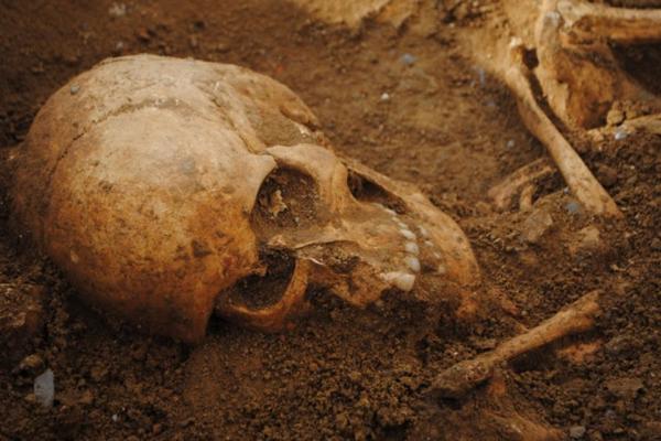 Human burial from a medieval cemetery, Tuscany, Italy