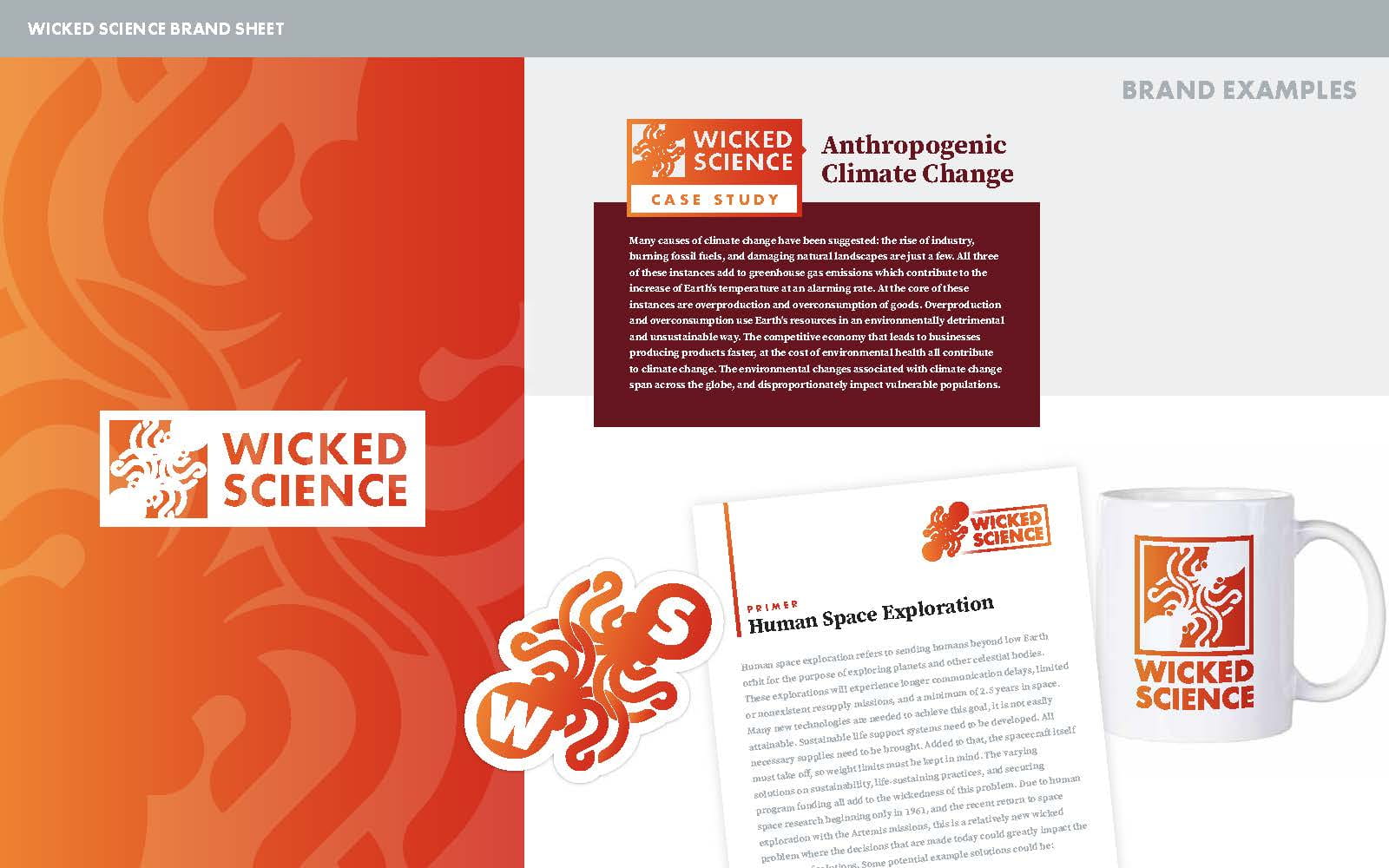 Brand sheets with primers about space exploration, climate change, and merchandise