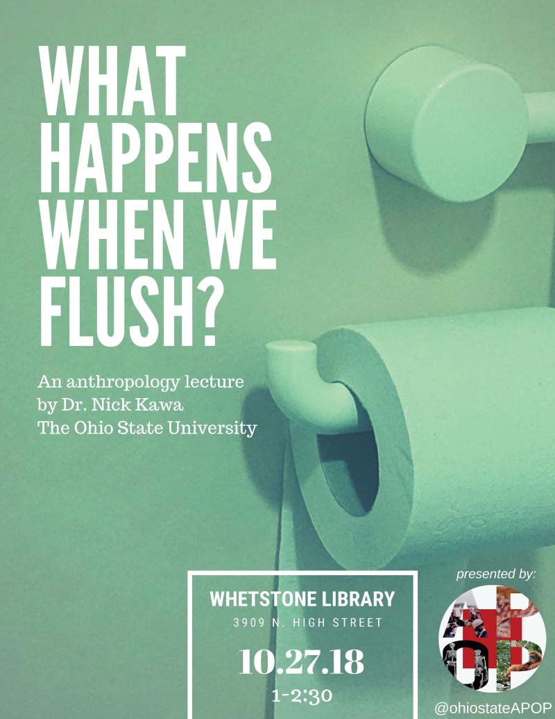 Flyer for talk "What Happens When We Flush" with toilet and toilet paper