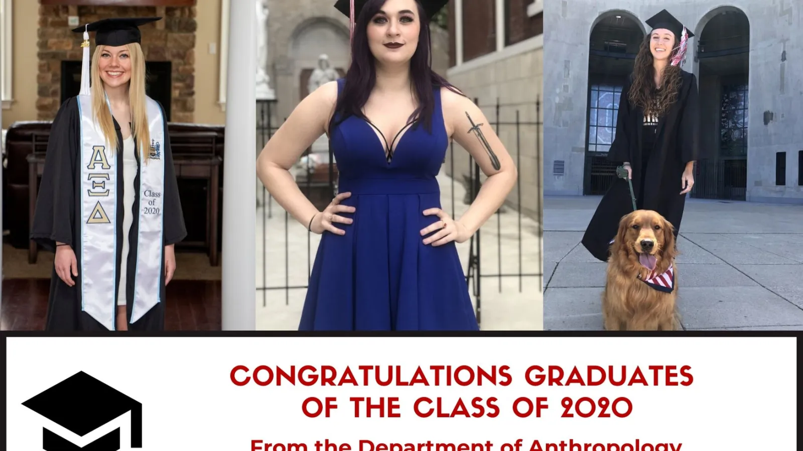 3 anthropology graduates, one with a golden retriever