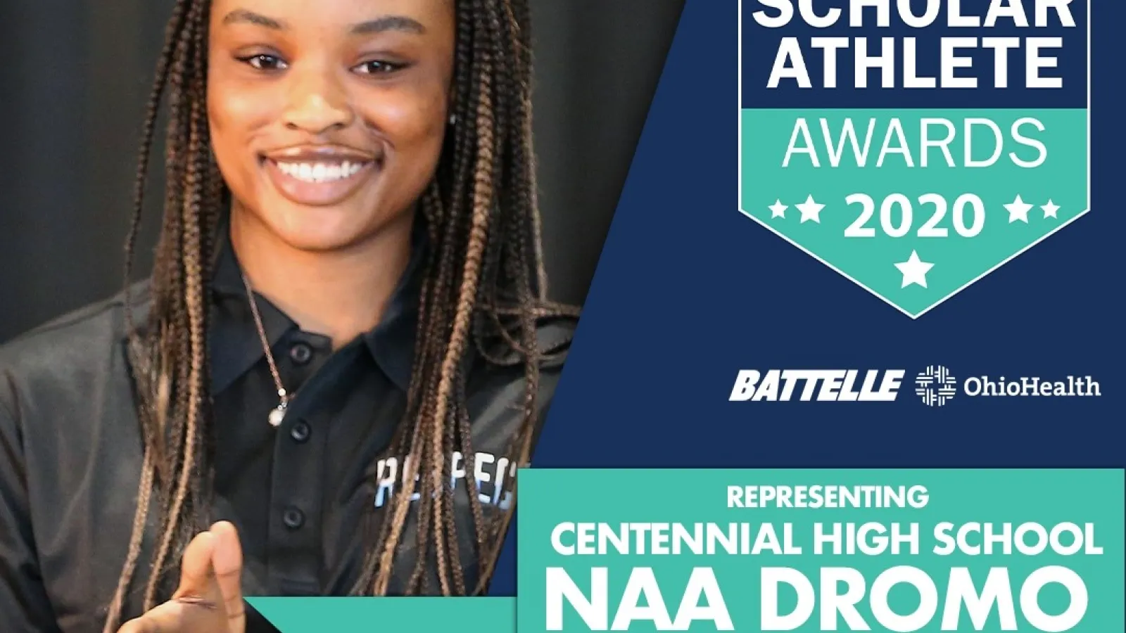 Naa Dromo Korley next to scholar athlete award logo