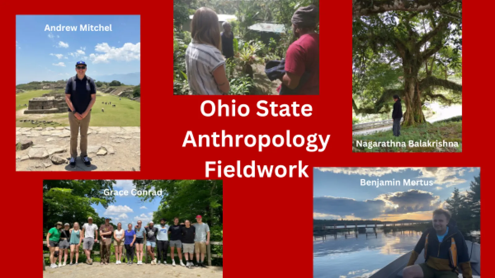 5 images of Ohio State graduate students in the field on a scarlet background