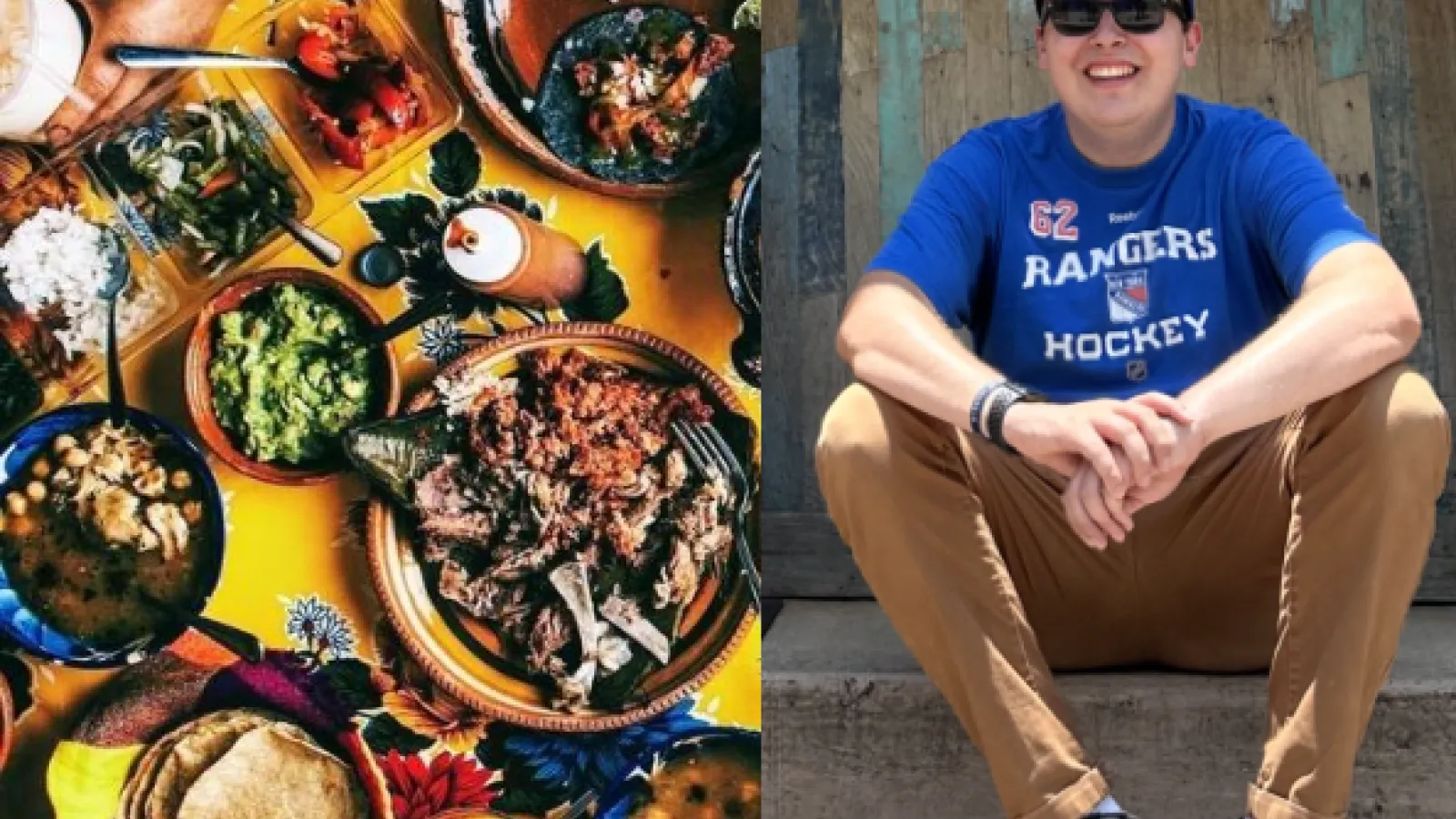 A collage with an image of a spread of Mexican food on one side and  a man sitting on a stoop on the other