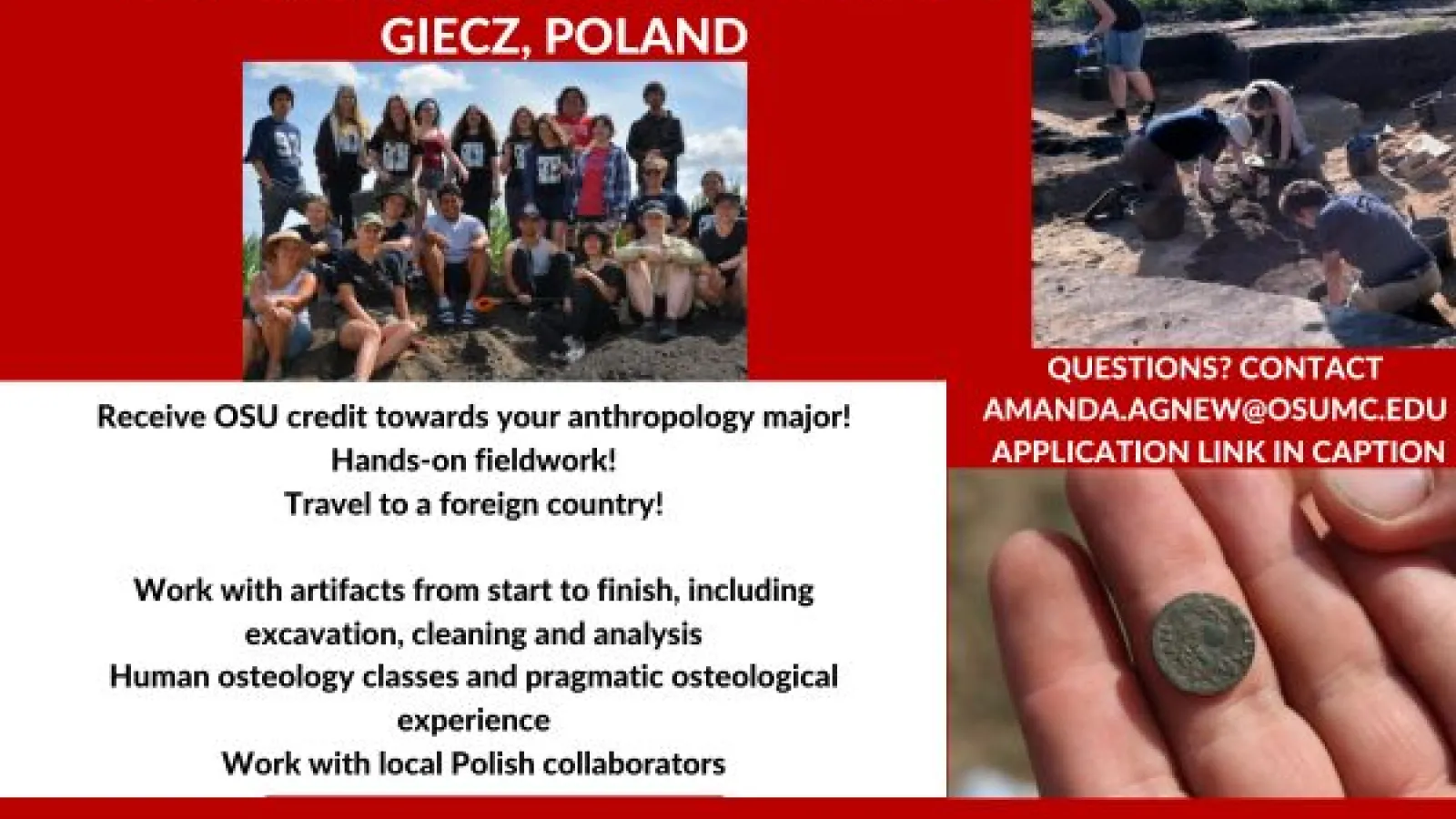 Group of people standing at a field site in Poland and a person's hand holding an old coin