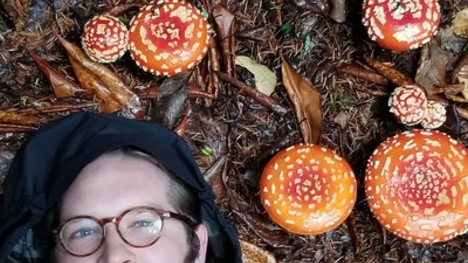 white man laying next to some spotted mushrooms