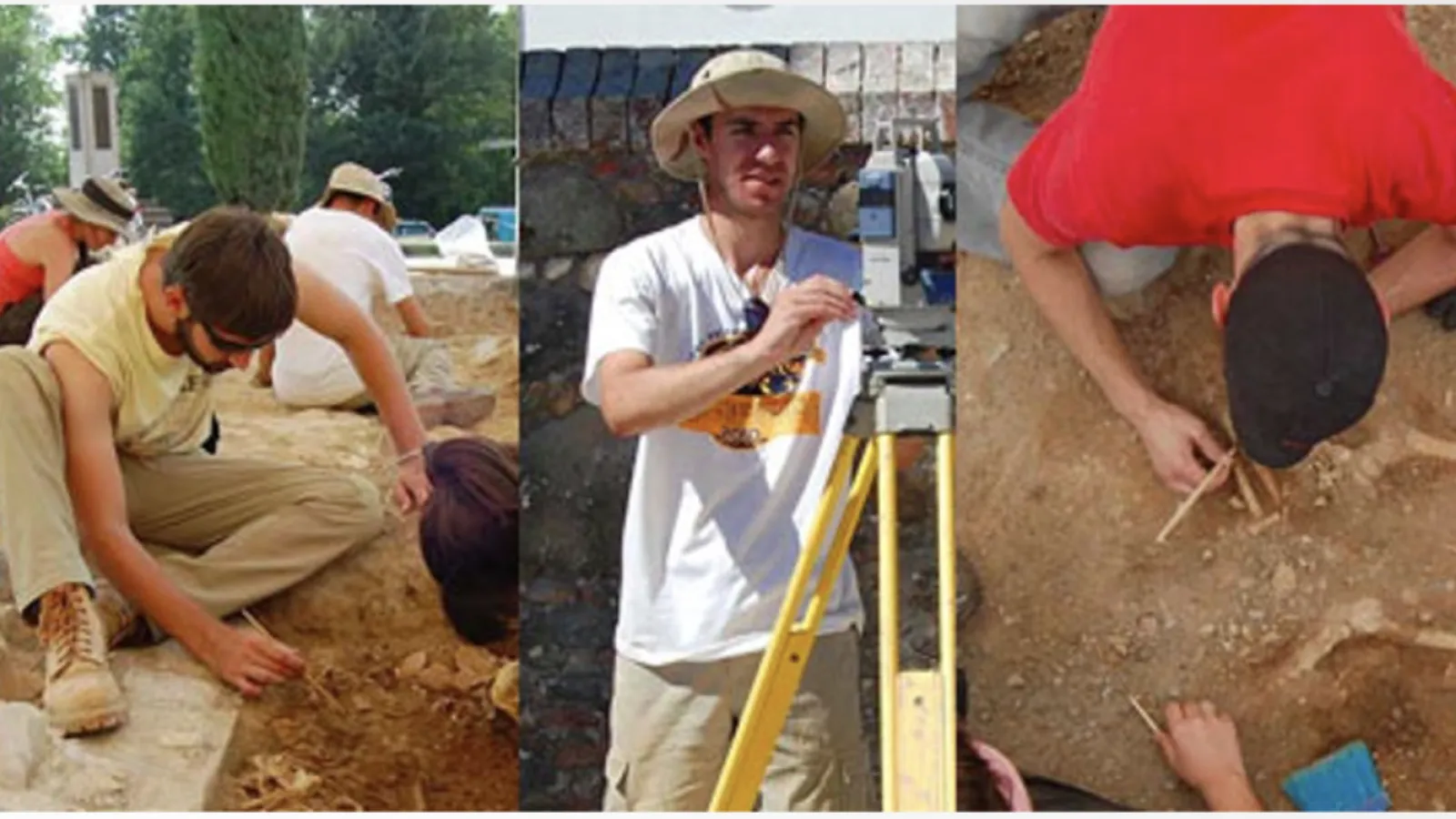students cleaning off bones and taking measurements at a field site