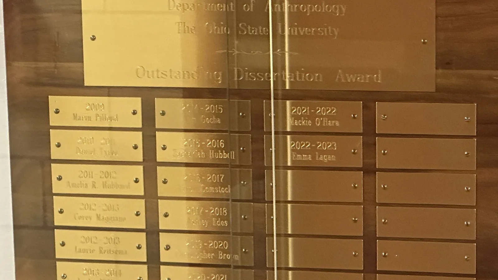 Plaque showing all the past winners of departmental awards