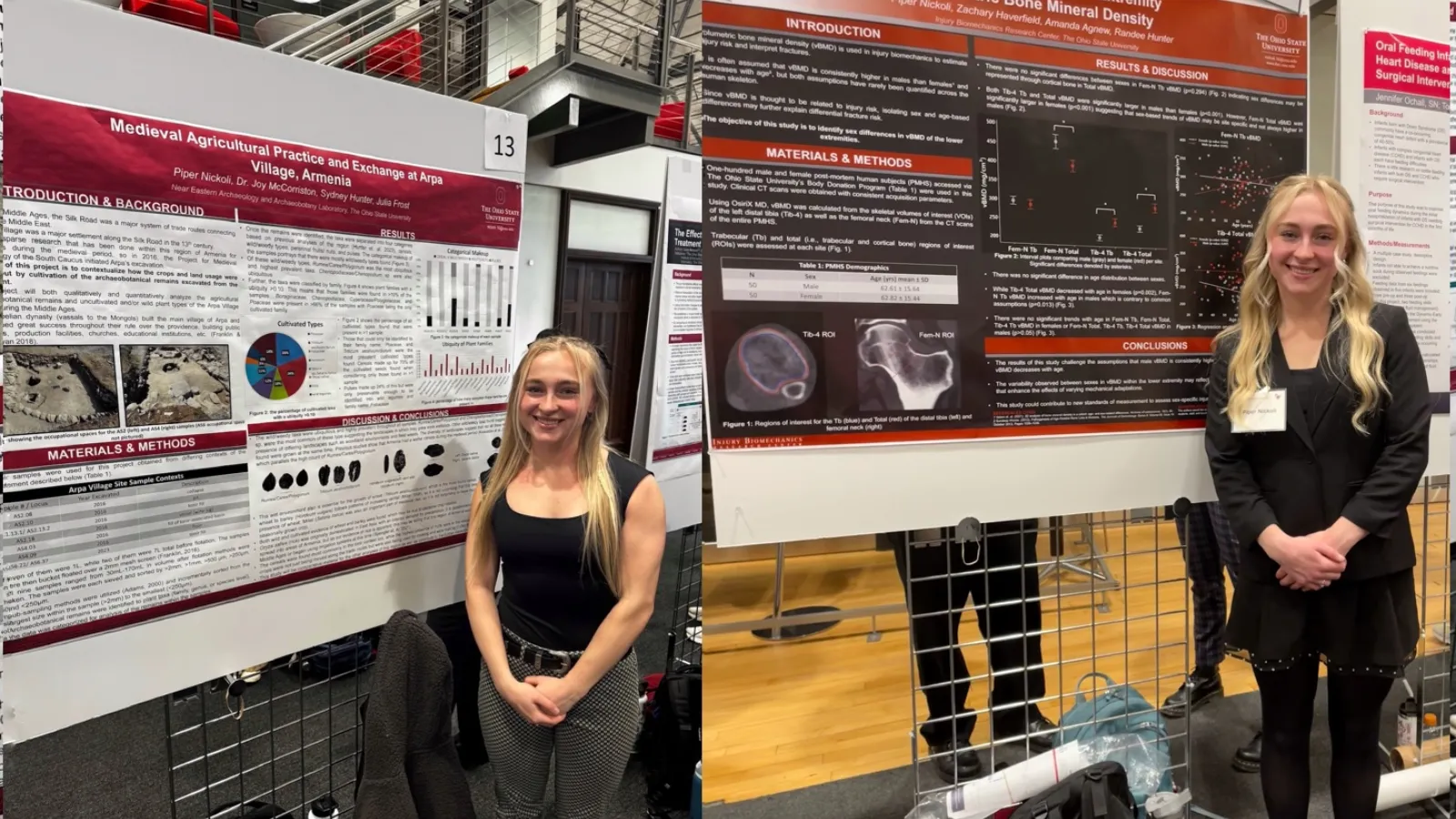 Blond haired woman standing in front of her research posters at2  conferences