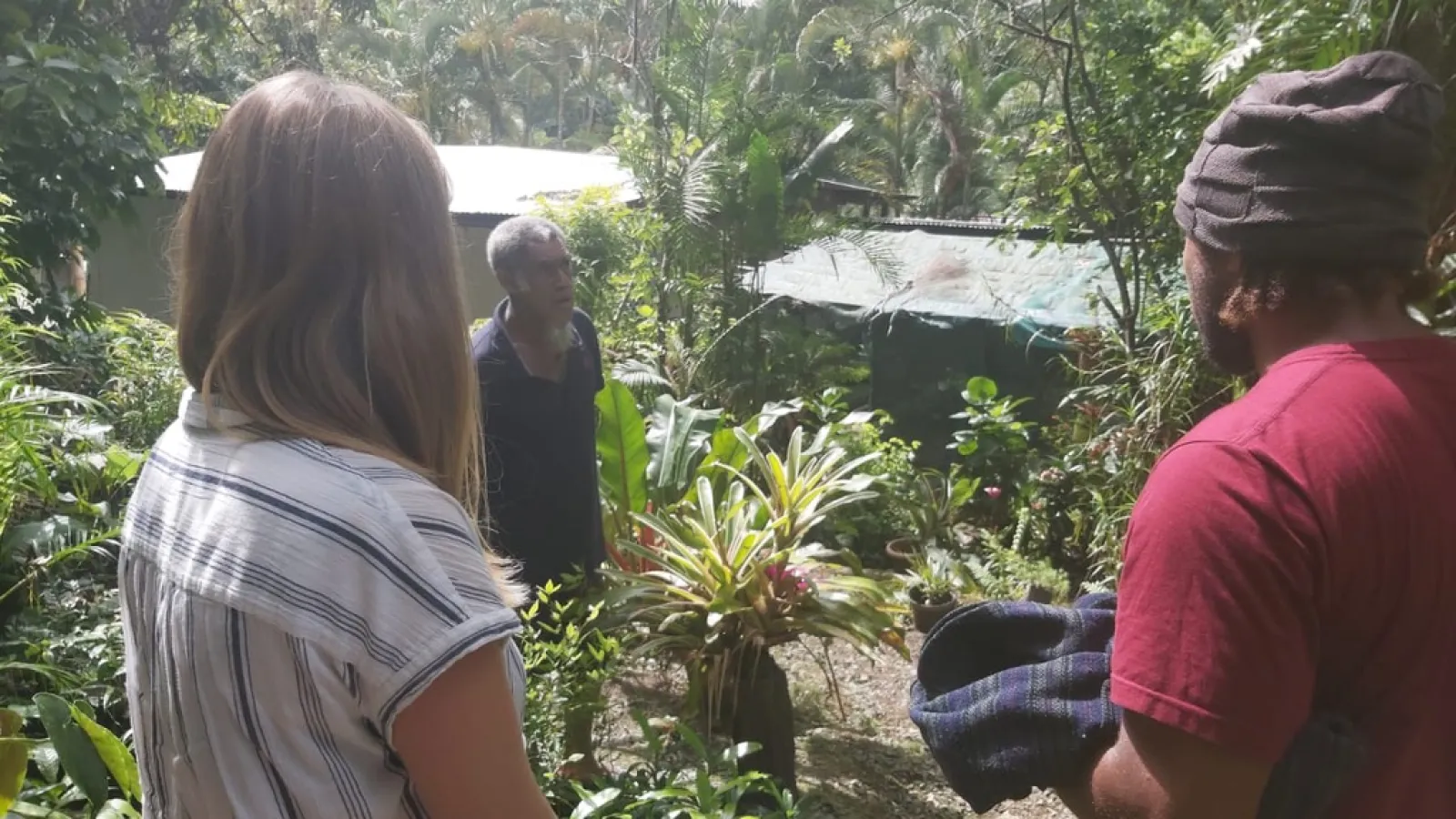 Several people talking at a research field site