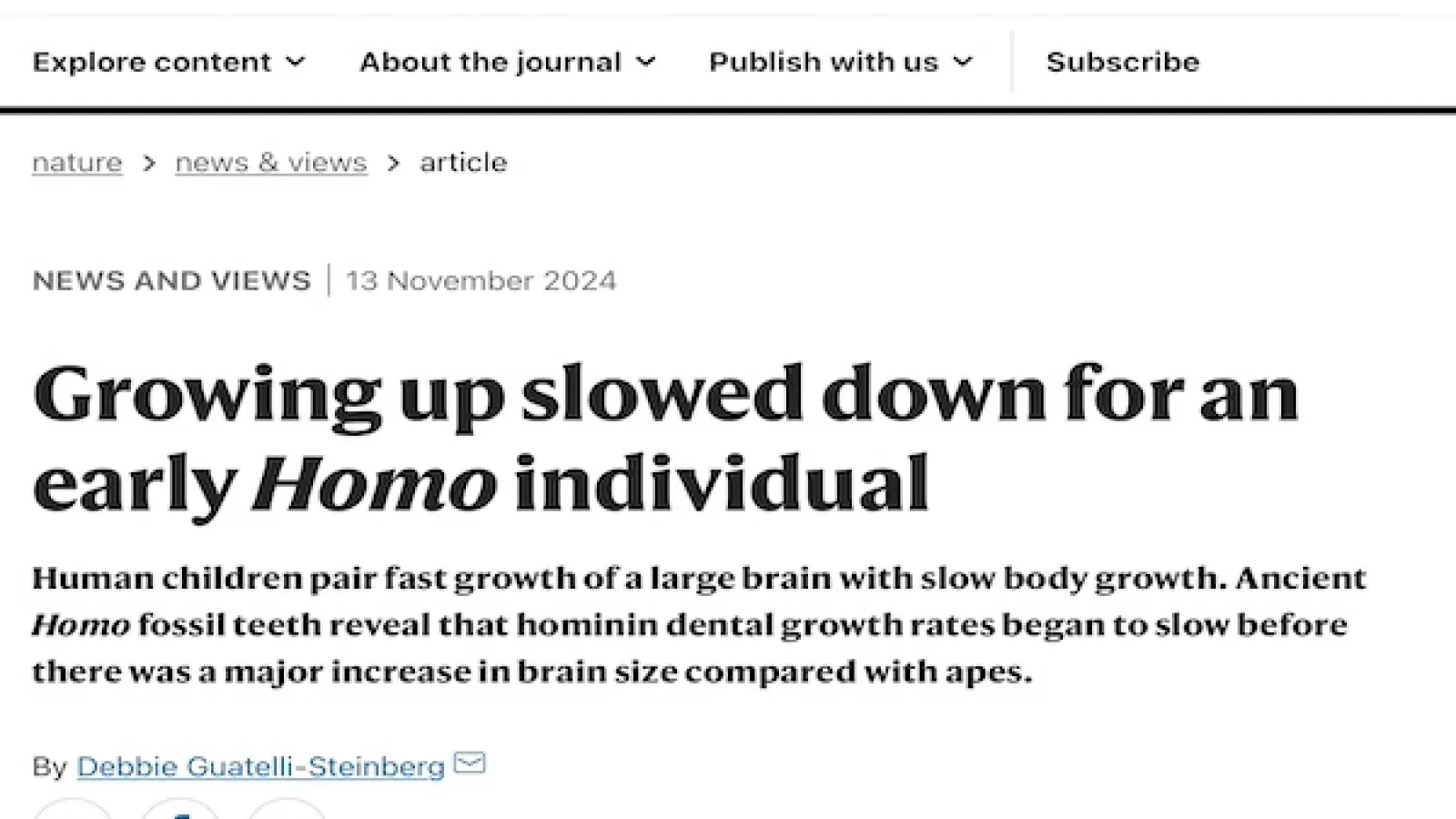 Screen capture of article title: Growing up slowed down for an early Homo individual