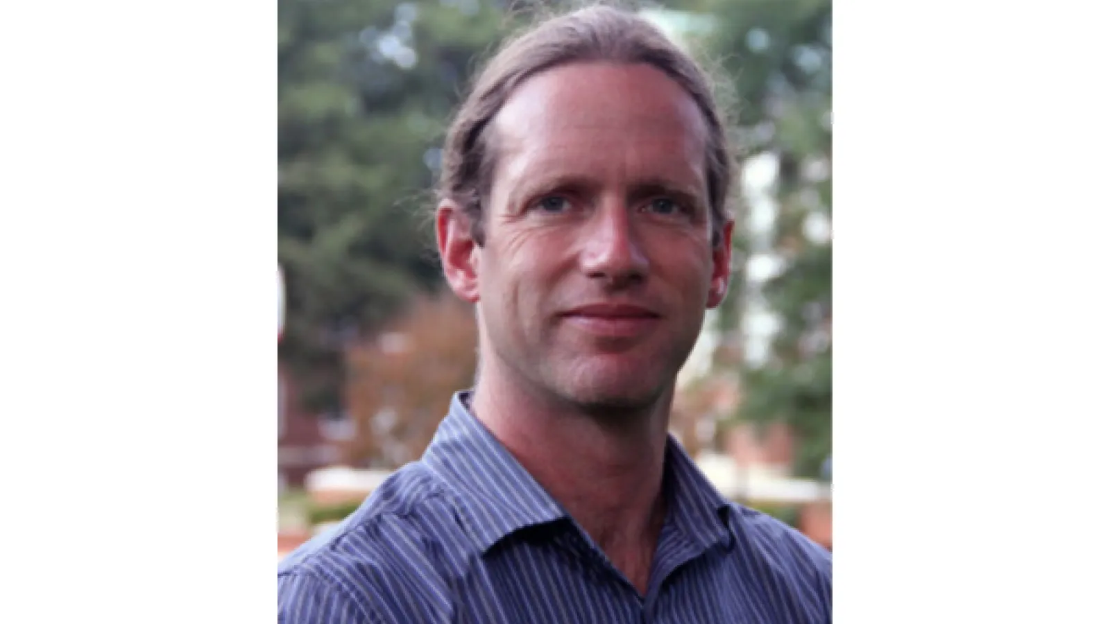 A white man standing in front of a tree wearing a blue striped dress shirt