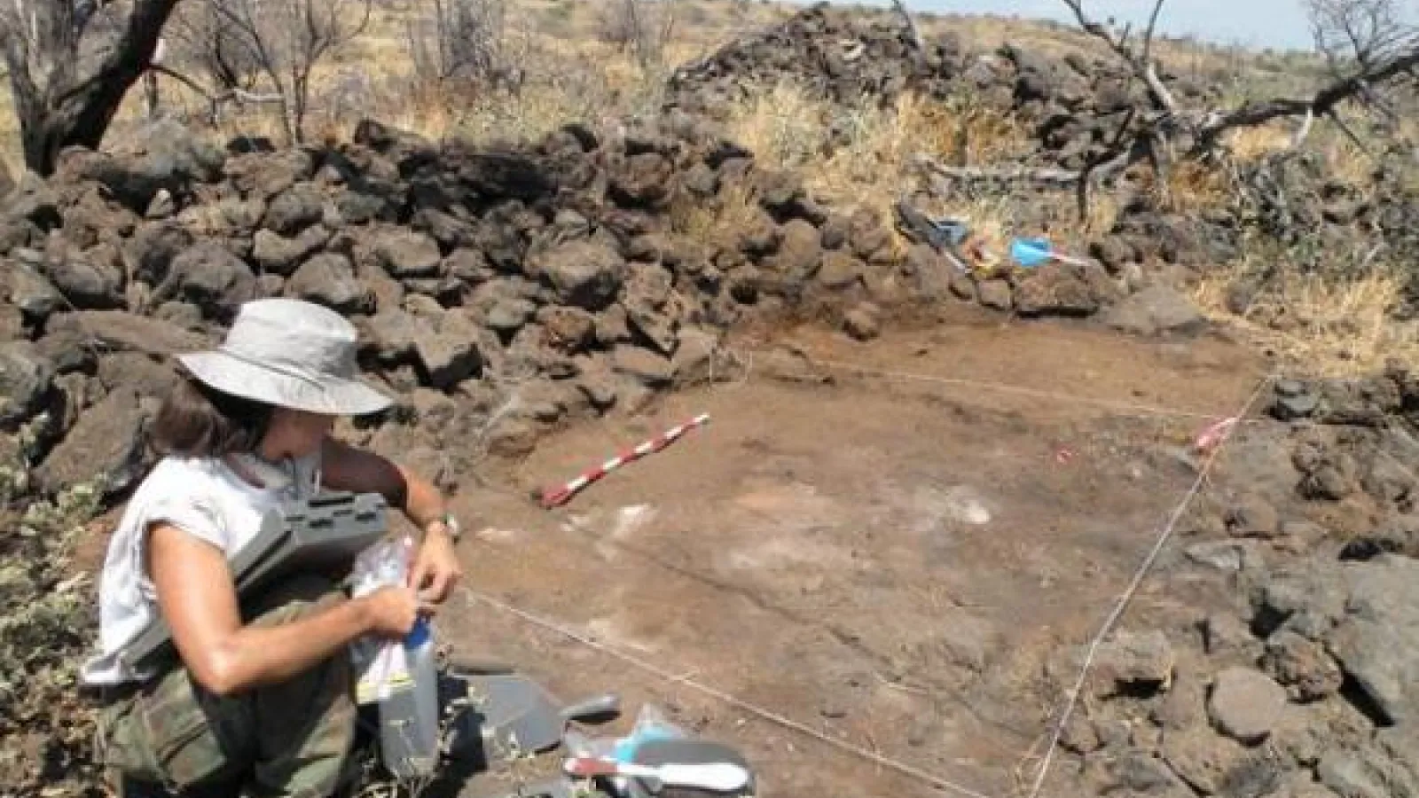 A woman wearing a white top and green pant conducting an archaeological survey