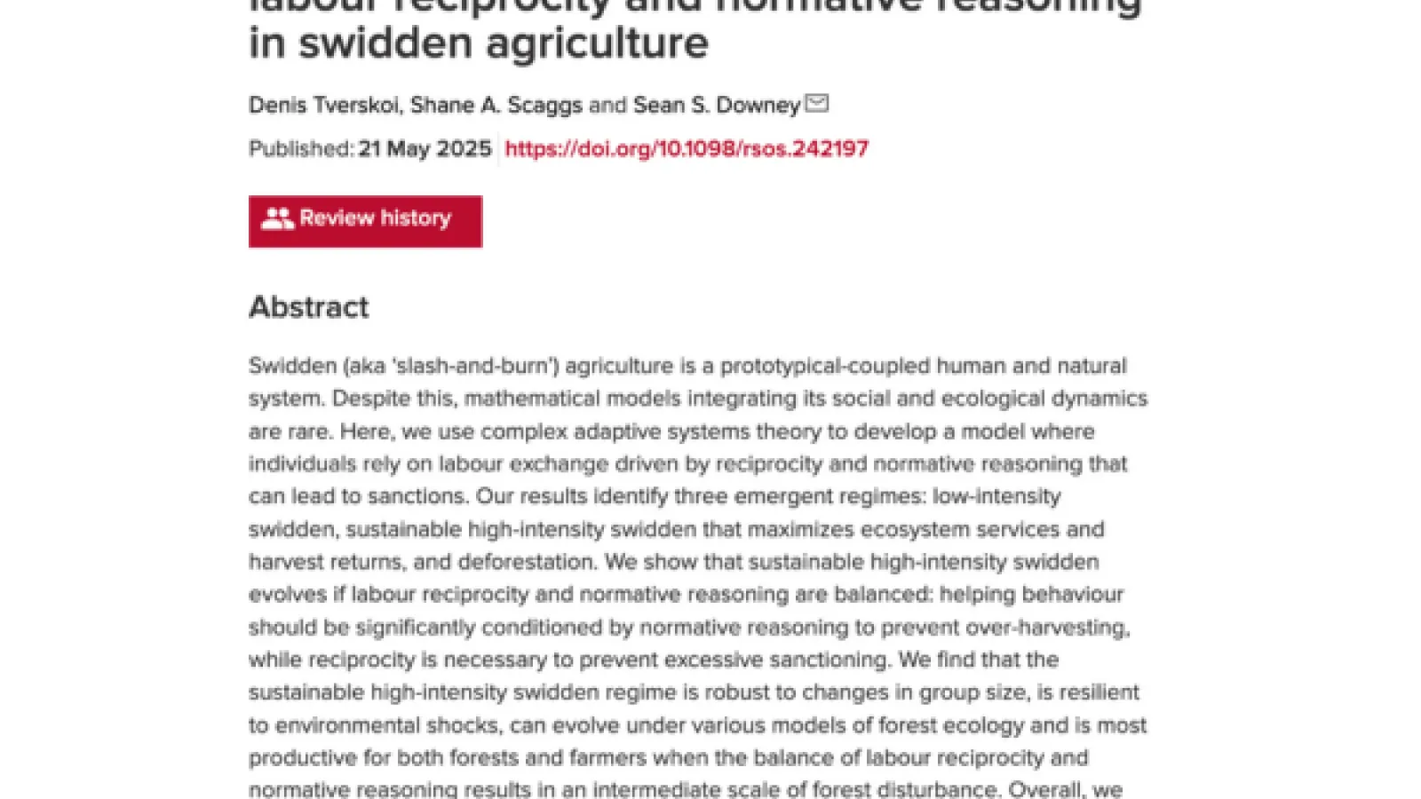Abstract and title page of the article published in Royal Society Open Science