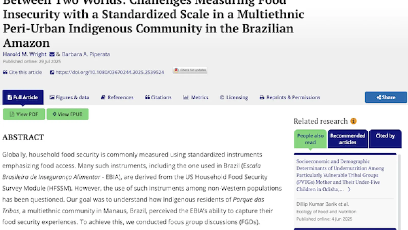 Screen shot of the article title and abstract from the journal website