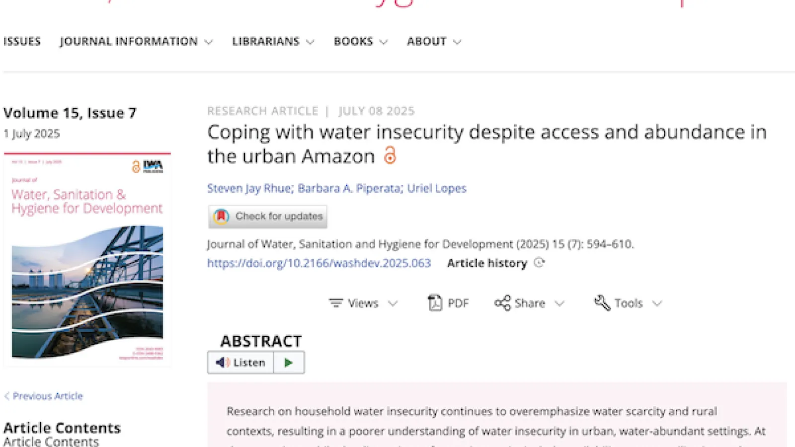 Abstract and title page of the article published in Journal for Water Sanitation and Hygiene for Development