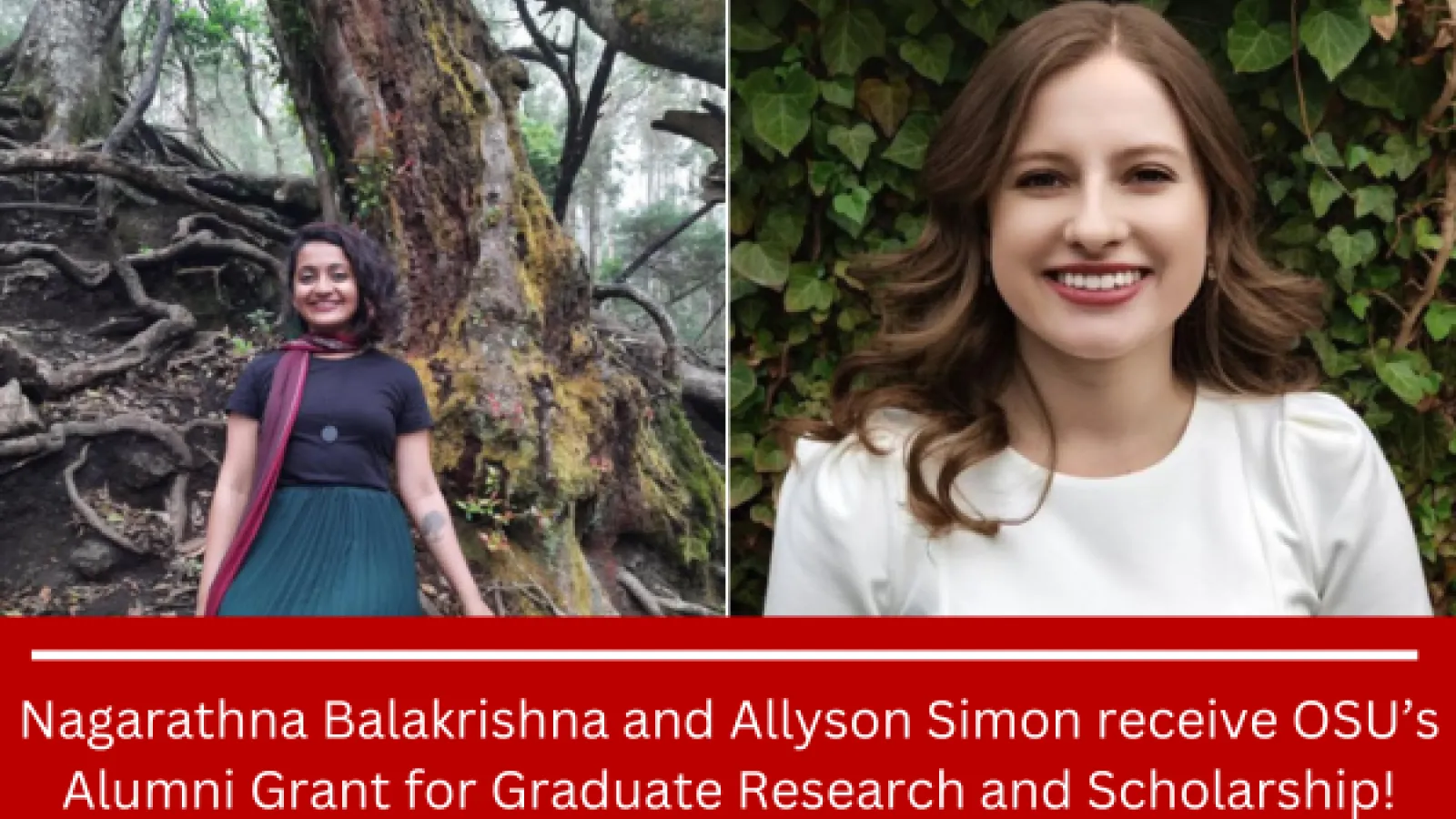 Two women in side-by-side pictures. One with dark hair wearing a blue top, purple scarf, and turquoise skirt, standing in front of a tree. The other, with brown hair wearing a white top in front of ivy.