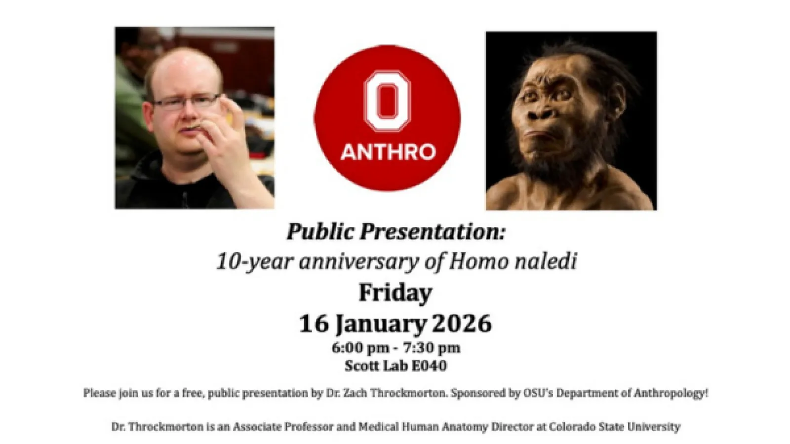 Poster advertising a public talk on Homo naledi by Dr. Throckmorton