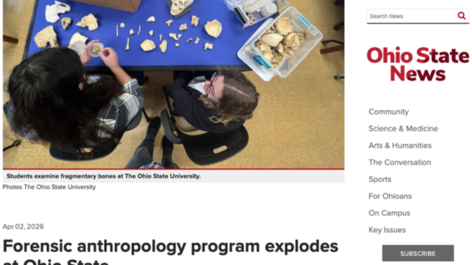 Screen capture of the Ohio State News website