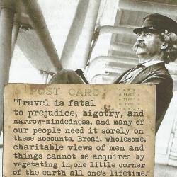 Image of Mark Twain sitting in a deck chair Image of Mark Twain sitting in a deck chair with a quote about travel being fatal to prejudice