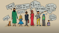Drawings of humans and non-humans asking questions.