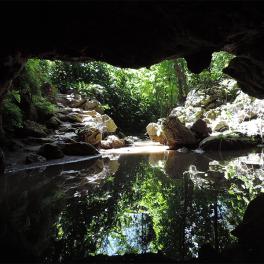 Looking out of the cave at a body of water