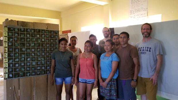 “The Milpa Game” research team (left to right): Sabina Pop, America Choc, Melanie Rash, Arnaldo Pop, Shane Scaggs, Arleen Akal, Josiah Bo, Omario Cal, and Sean Downey. 