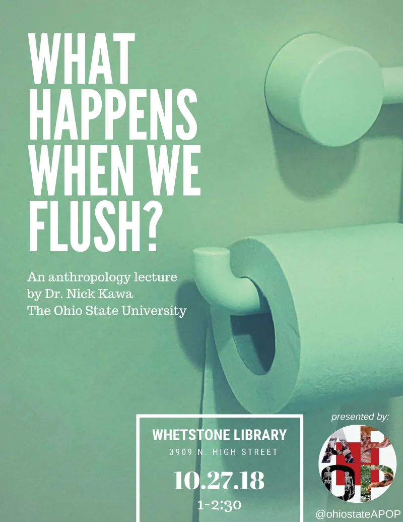 Flyer for talk "What Happens When We Flush" with toilet and toilet paper