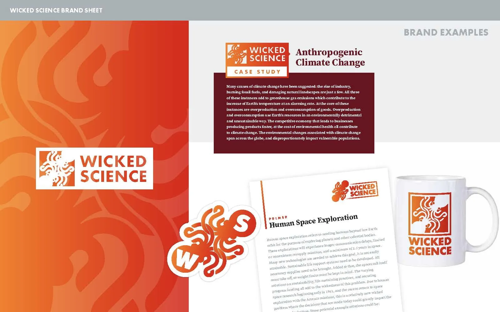 Brand sheets with primers about space exploration, climate change, and merchandise