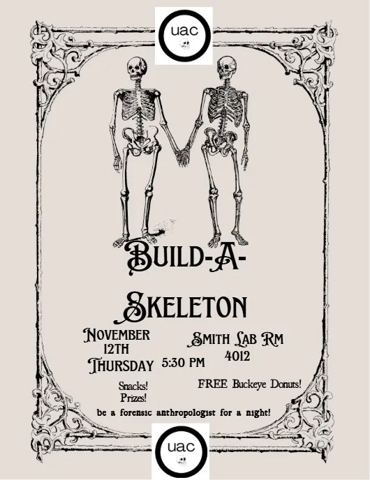 flyer for a build a skeleton event with two skeletons holding hands
