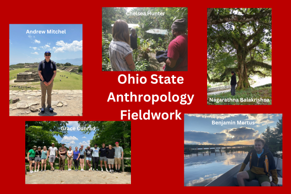 5 images of fieldwork completed by Ohio State graduate students on a scarlet background