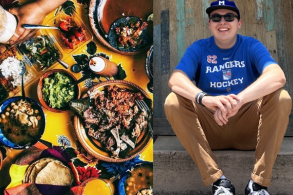 A collage with an image of a spread of Mexican food on one side and an image of the author of this piece (Andrew Mitchel) on the other. He is wearing a baseball cap, sunglasses, a blue t-shirt, khakis and black shoes and sitting on a stoop
