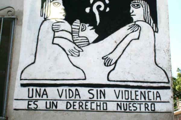 traditional healers in Mexico as a political cartoon: in Spanish the caption says A Life Without Violence Is Our Right