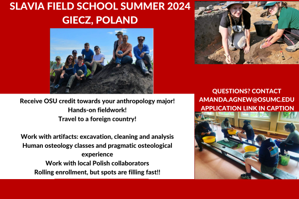 Flyer for the Giecz field school; images of fieldworkers in the pits, cleaning artifacts, and posing together for a group photo