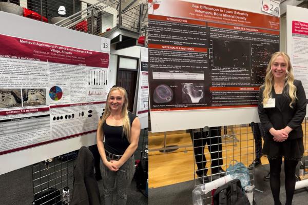 Two pictures of Piper presenting her research; she is a fair-skinned woman with long blonde hair, wearing professional attire in each photo