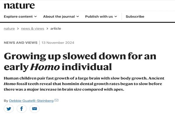 Screen capture of article title: Growing up slowed down for an early Homo individual