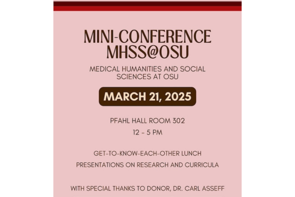 Pink flyer with black letters advertising the OSU medical humanities mini conference