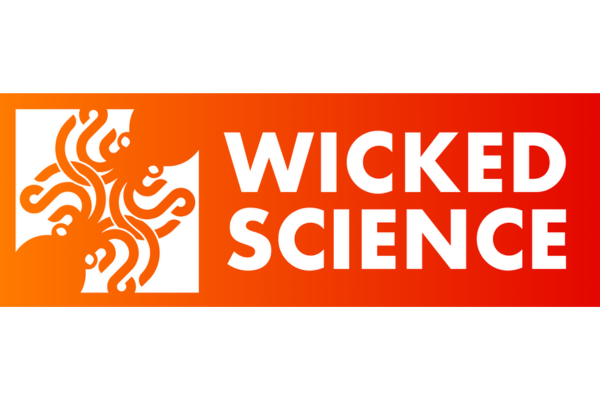Orange banner with the words wicked science in white letters
