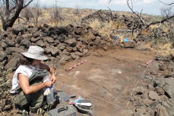 A woman wearing a white top and green pant conducting an archaeological survey