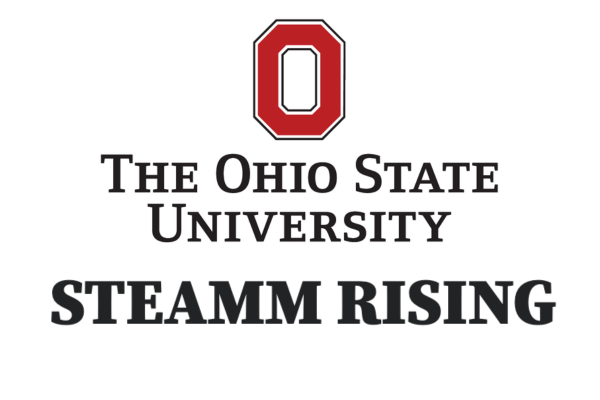 Black bold print letters that say STEAMM Rising on a white background and the Ohio State University Logo