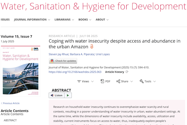 Abstract and title page of the article published in Journal for Water Sanitation and Hygiene for Development