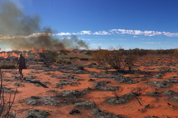 Indigenous Australian walking in desert Indigenous Australian walking in desert