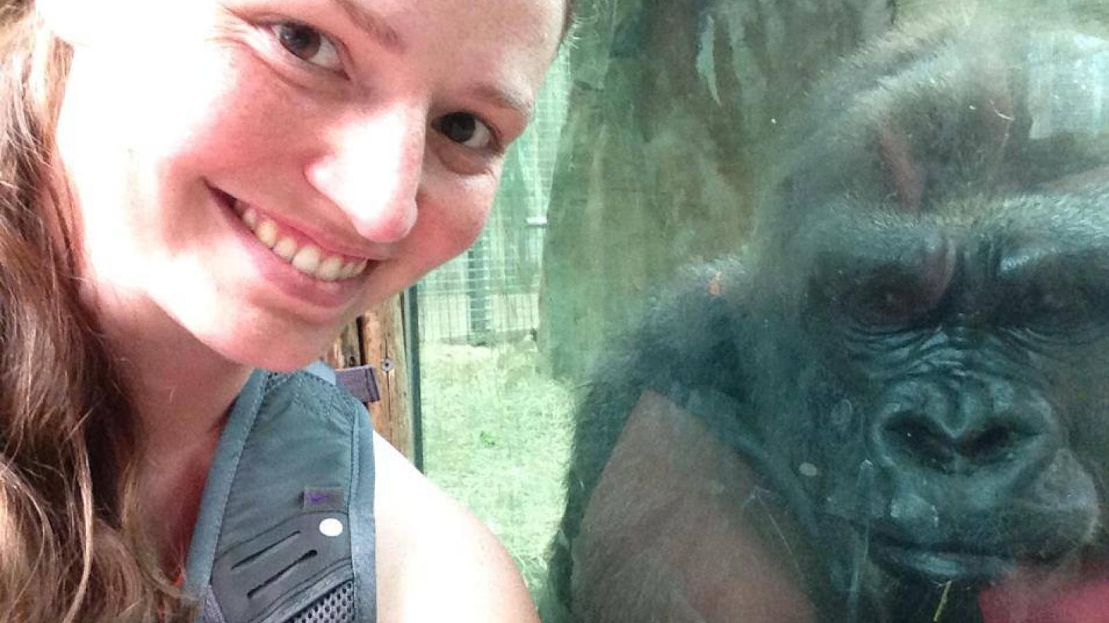 Smiling woman standing by a gorilla at a zoo, photo by PhD student Ashley Edes