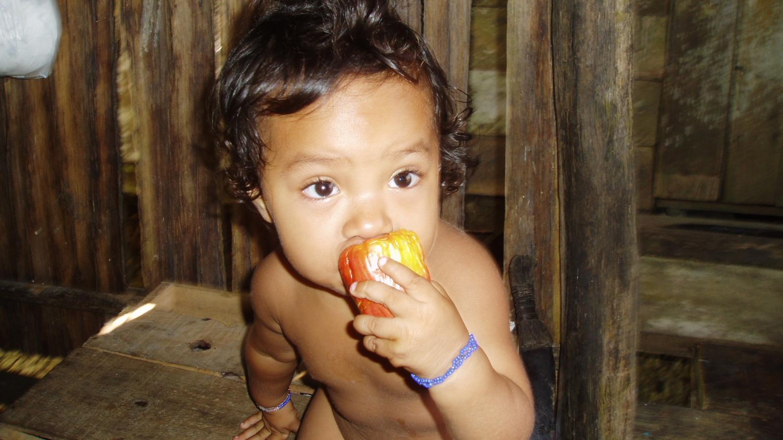 brown haired toddler eating fruit